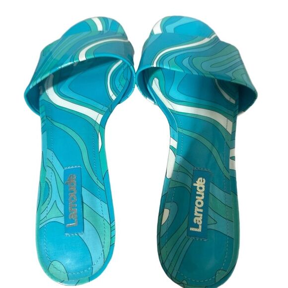 Larroude Ivy Flat Slide Mule Sandal 6.5 Wavy Print Patent Bright Turquoise Blue - Picture 5 of 7